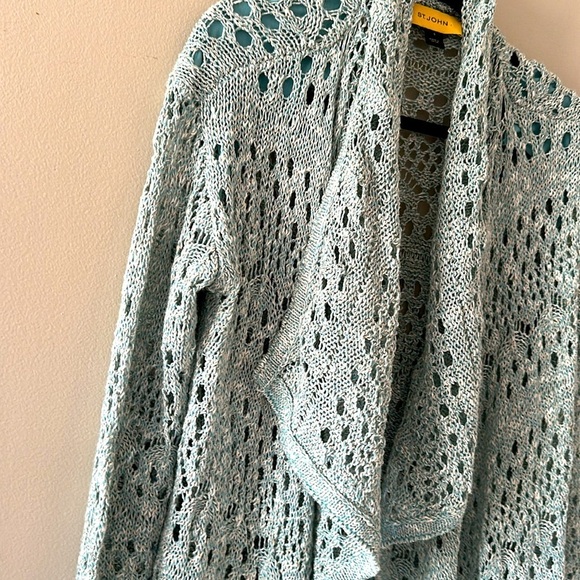St. John Crochet Knit Open Front Cardigan Pale Blue Sz Small Coastal Grandma - Picture 8 of 14